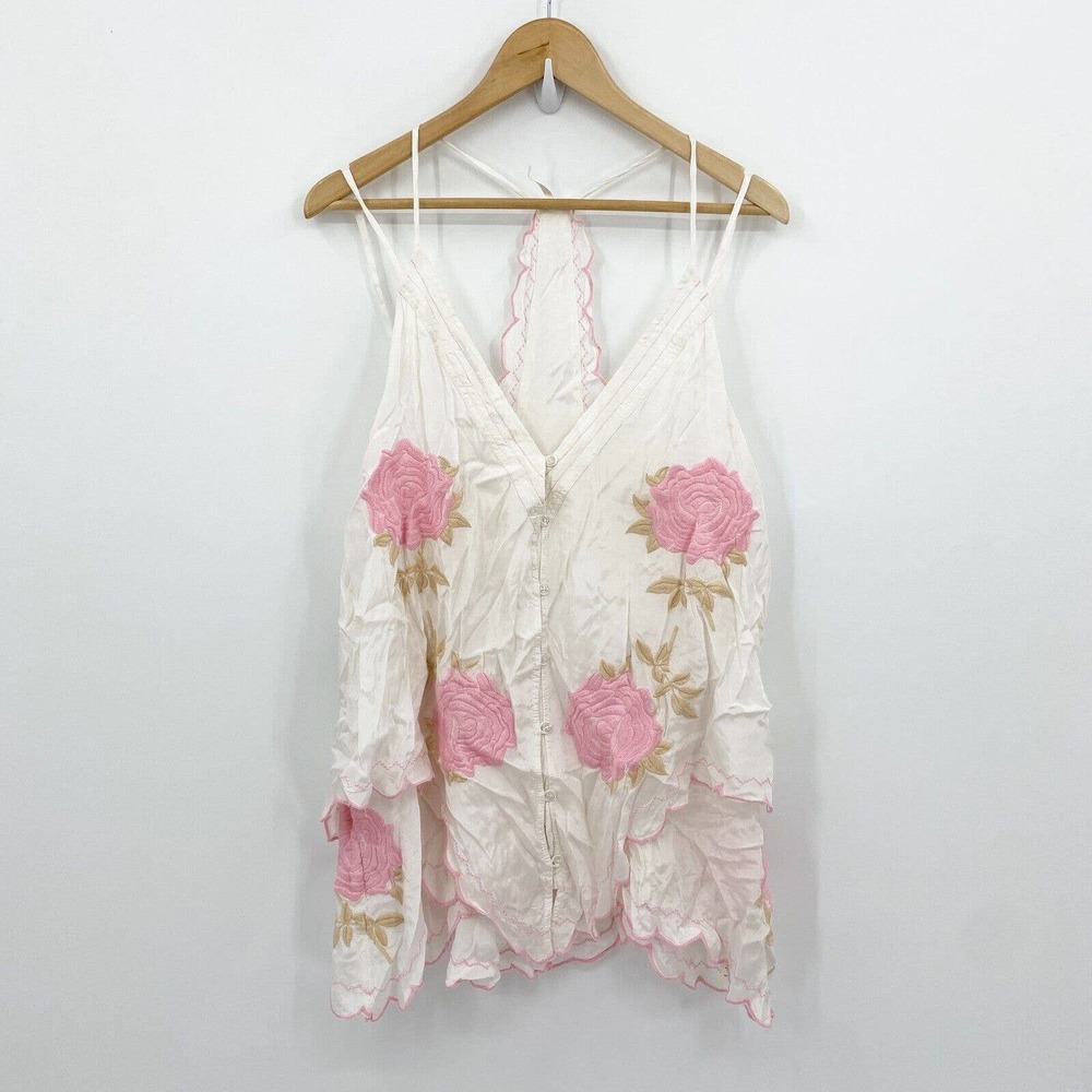 Free People Tunic Women's Medium Zayda Pink White Tank Racerback Embroidered
